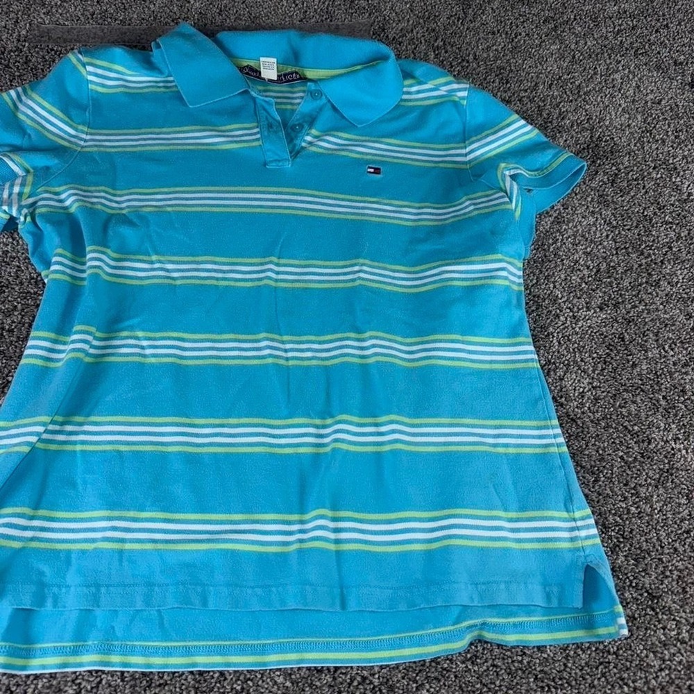 Tommy Hilfiger Mens XXL Striped Polo Shirt Turquoise Blue Lime Green Pique Knit